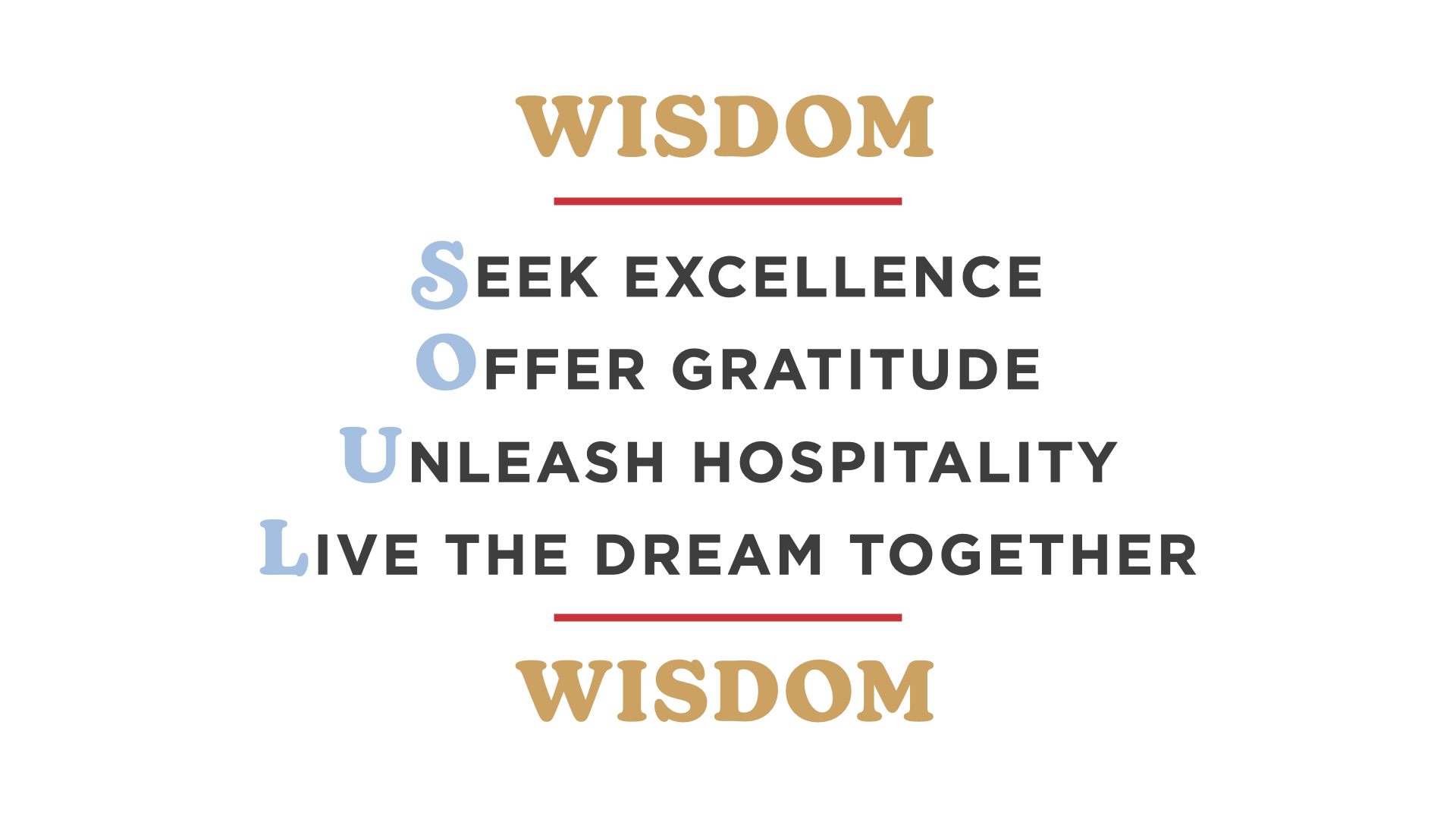 An image with the word "WISDOM" at the top and bottom in bold gold text. In between, the acronym "SOUL" is displayed vertically with each letter standing for a value:  S - Seek Excellence O - Offer Gratitude U - Unleash Hospitality L - Live the Dream Together