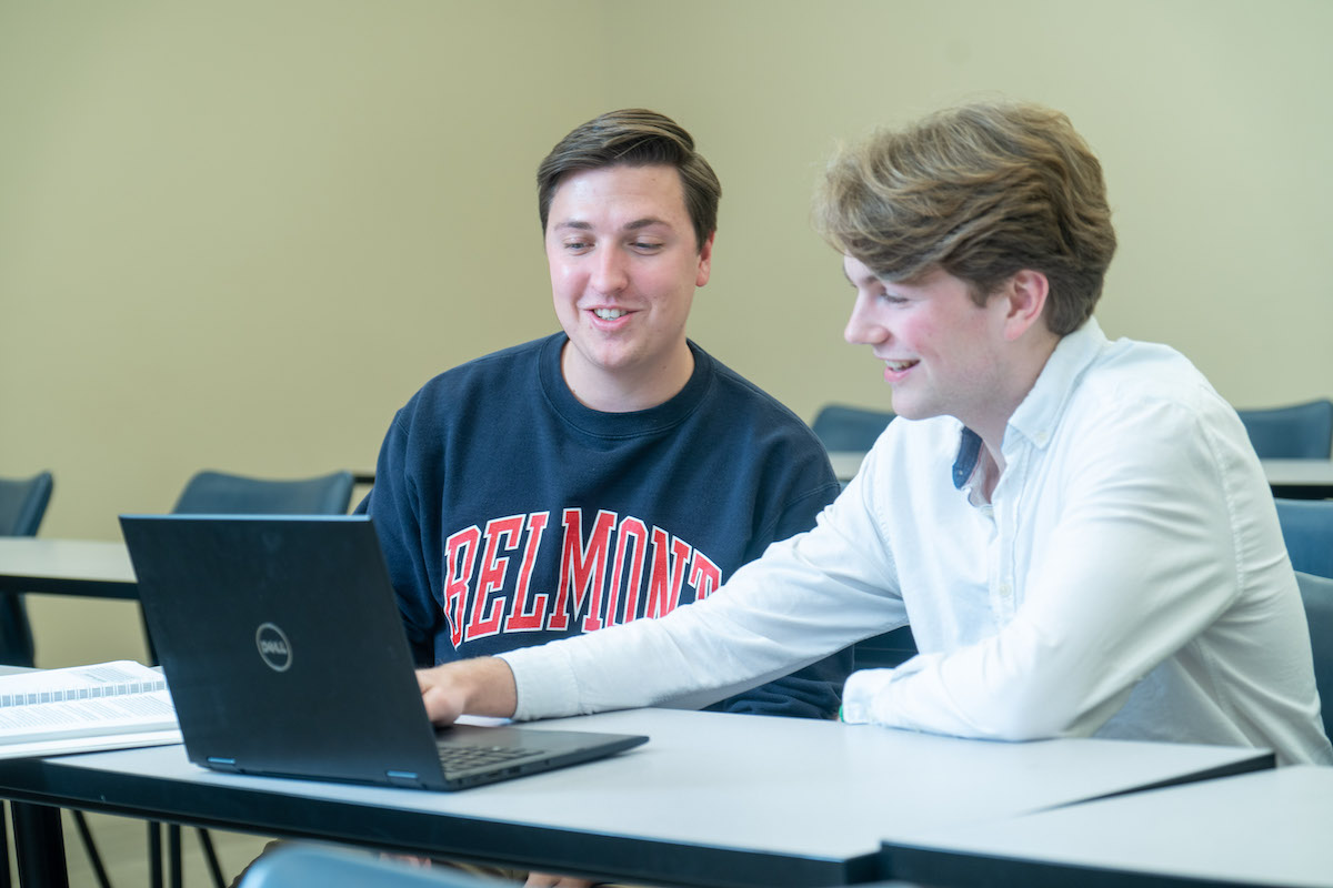 Two students studying in a classroom at Belmont