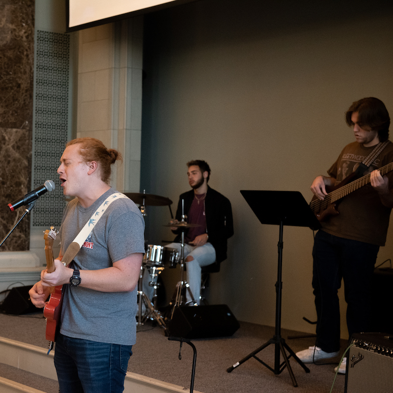 Worship band playing during chapel