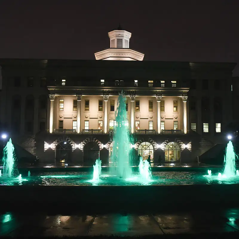 Belmont's Freedom Plaza fountain lit green for Veterans Day