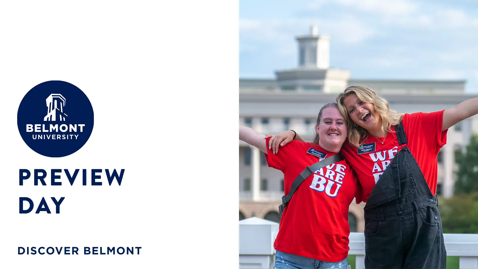 An image with text that reads "Preview Day" left and two women outside posing with an expression of excitement