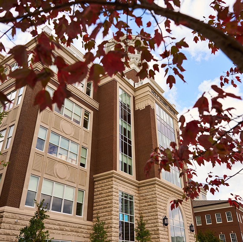 A photo of a Belmont building with a fall tree in the foreground