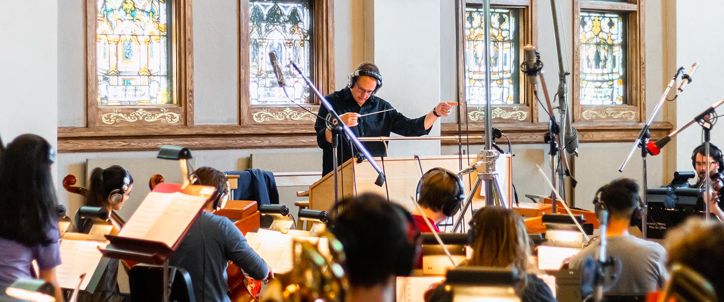 Orchestra students recording in Ocean Wa Studios