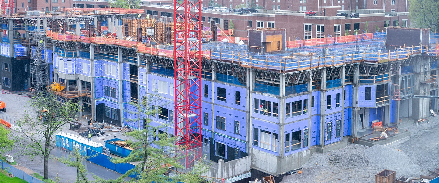 An image of construction scaffolding on Caldwell Hall on Belmont's campus