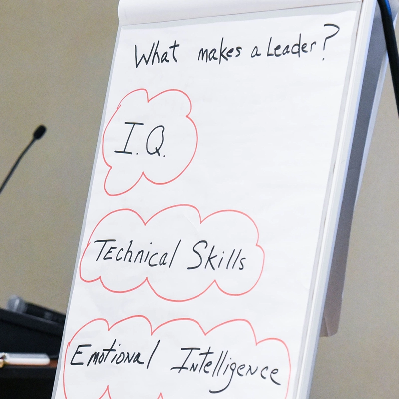 Close up of poster board with the handwriting 'what makes a leader' written on it