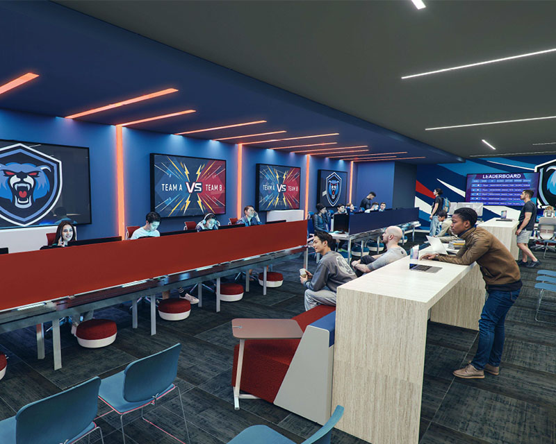 Rendering of an esports space with teams seated at computers, a leaderboard on the wall, and screens displaying match graphics.