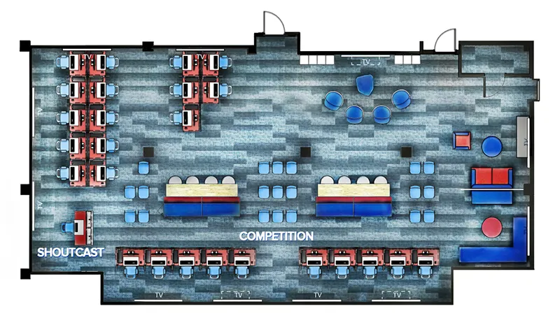 Floor plan of an esports space labeled with areas for shoutcasting, competition zones, and seating arrangements.