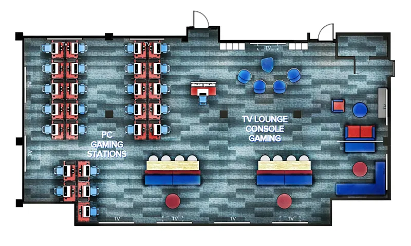 Floor plan of an esports space featuring PC gaming stations, a TV lounge for console gaming, and furniture layout.