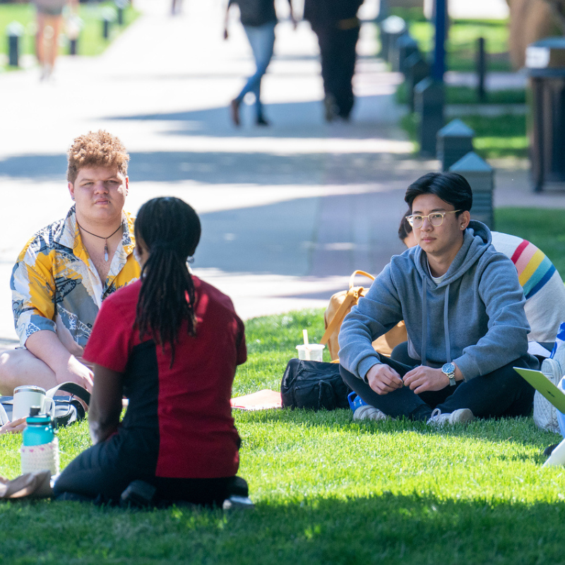 Students sitting outside in the grass for class on a sunny spring day at Belmont University