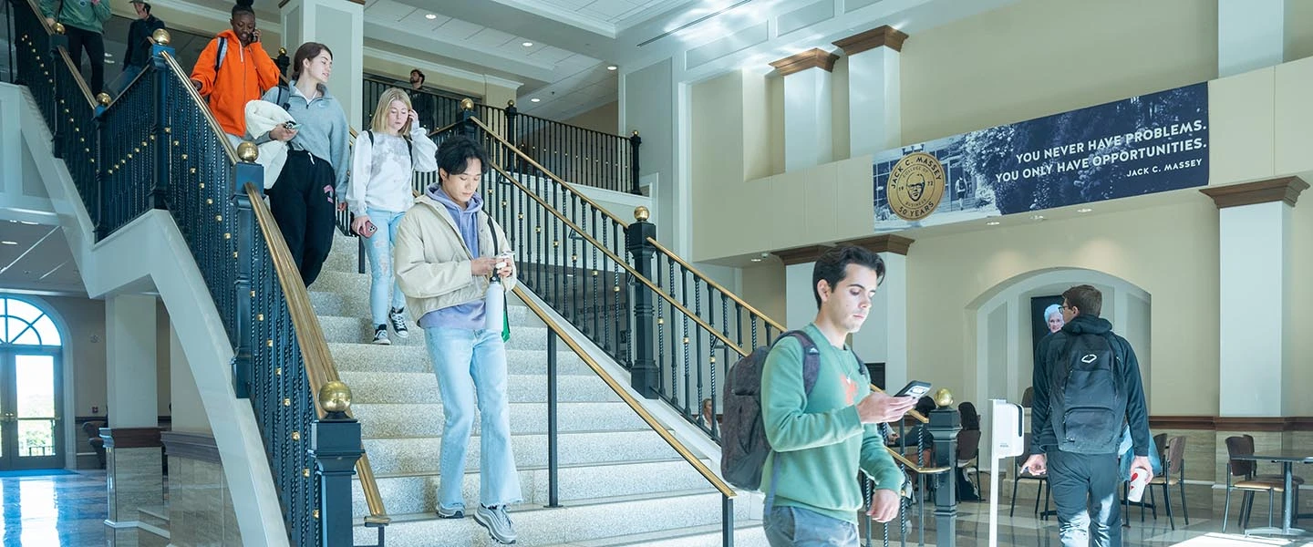 Massey Rogers center lobby with students walking to class