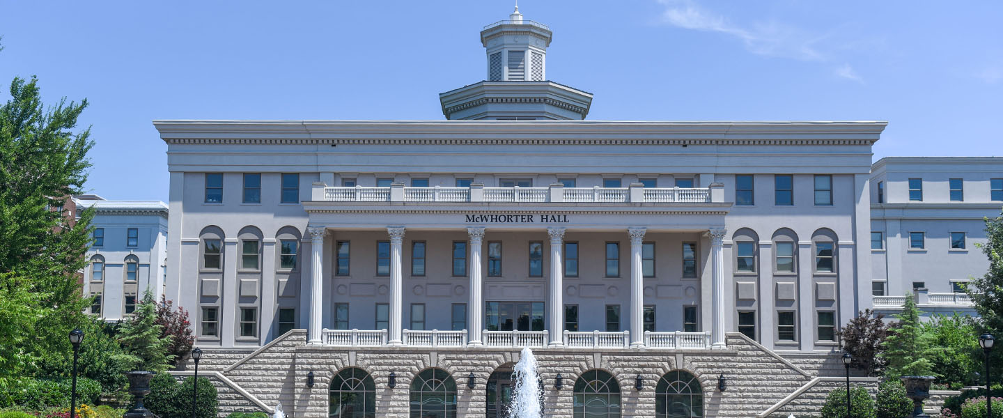 The front of McWhorter Hall on a sunny day