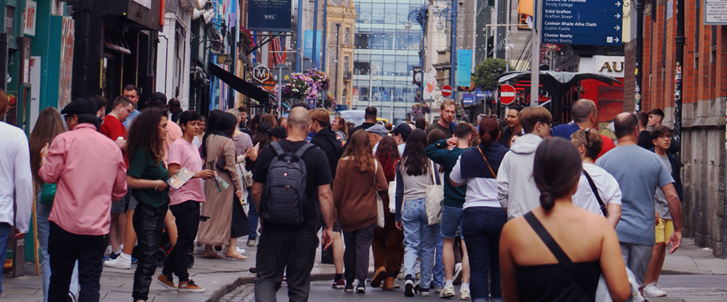 Students walking down a street in a foreign city