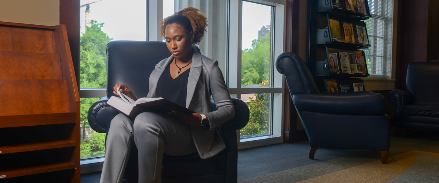 Law student in the law library at Belmont University.