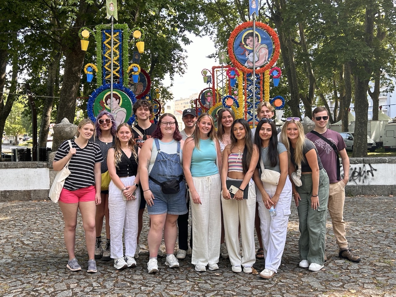 O'More student pose for group photo in Portugal