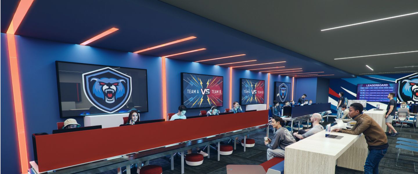 Rendering of the esports lounge arranged for a competitive match between two teams