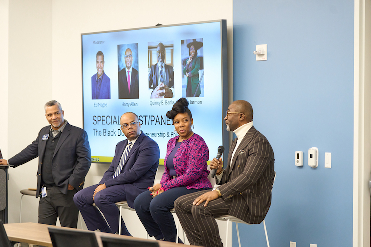 Moderator Ed Magee and panelists Harry Allen, Kia Jarmon and Quincy Adams