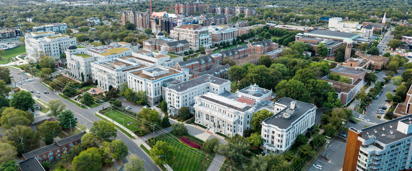 drone shot of campus, 2024