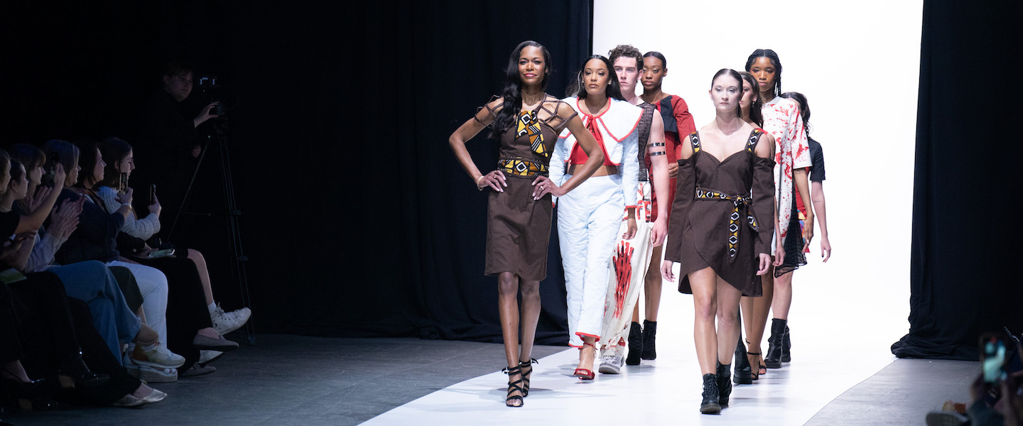 Fashion student designer and models walk down the runway at the 2024 show