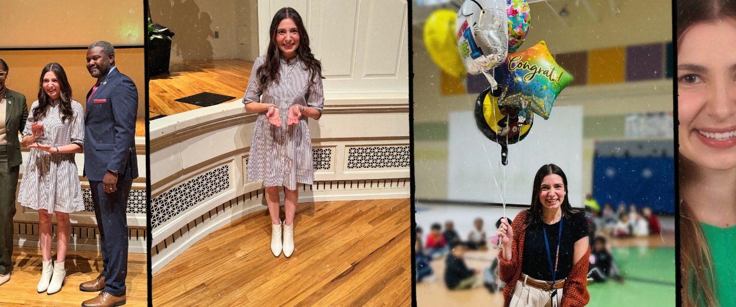 Header collage featuring Sarah Padgett, Belmont alumna and award-winning teacher, shown in four connected images: receiving an award in a striped dress alongside a presenter; a full-length portrait in the same outfit on a wooden stage; celebrating in a school gymnasium with congratulatory balloons while wearing casual teaching attire; and a warm close-up portrait. The images showcase her professional achievements as an educator and award recipient.