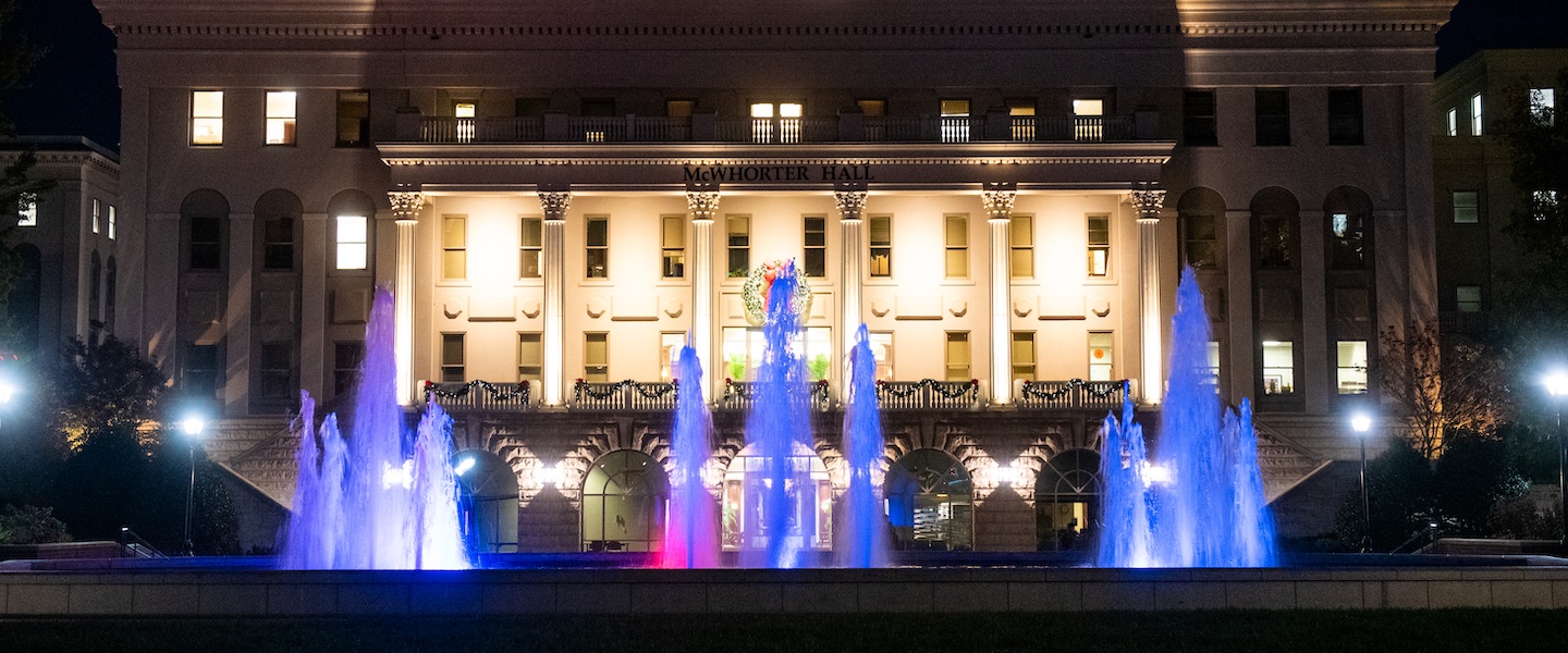 Freedom fountain lit at night