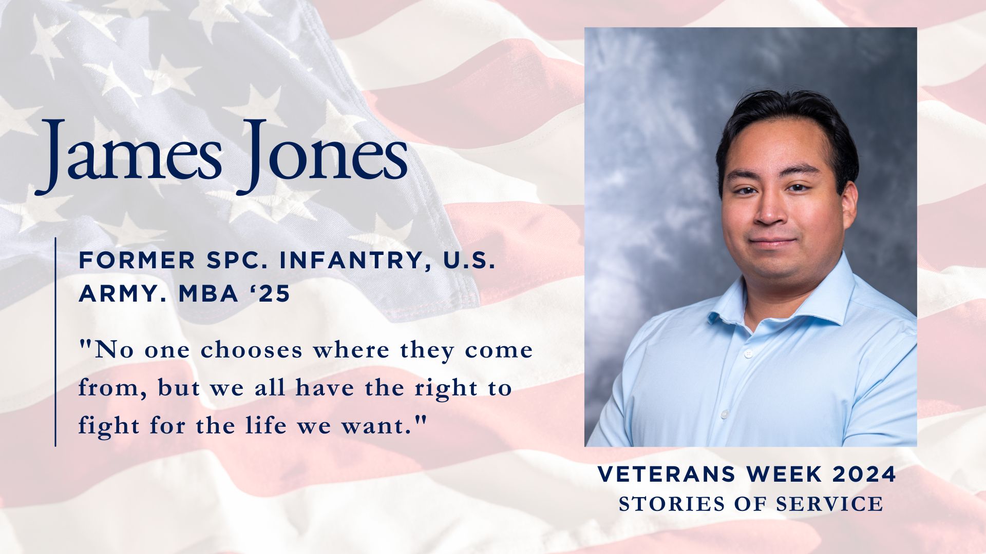 A Veterans Week 2024 profile featuring James Jones, a former U.S. Army SPC Infantry member pursuing an MBA '25. The image shows a person in business attire against a studio background, with text overlaid on an American flag background including his quote: 'No one chooses where they come from, but we all have the right to fight for the life we want.'