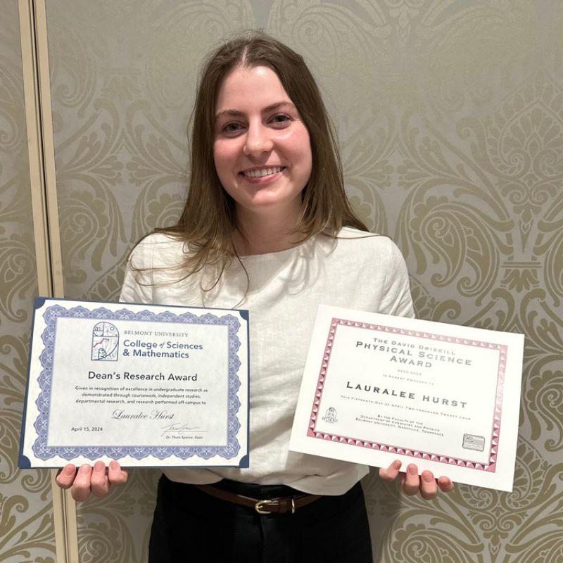 Lauralee Hurst winning the Dean's Research Award and the David Driskill Physical Science Award