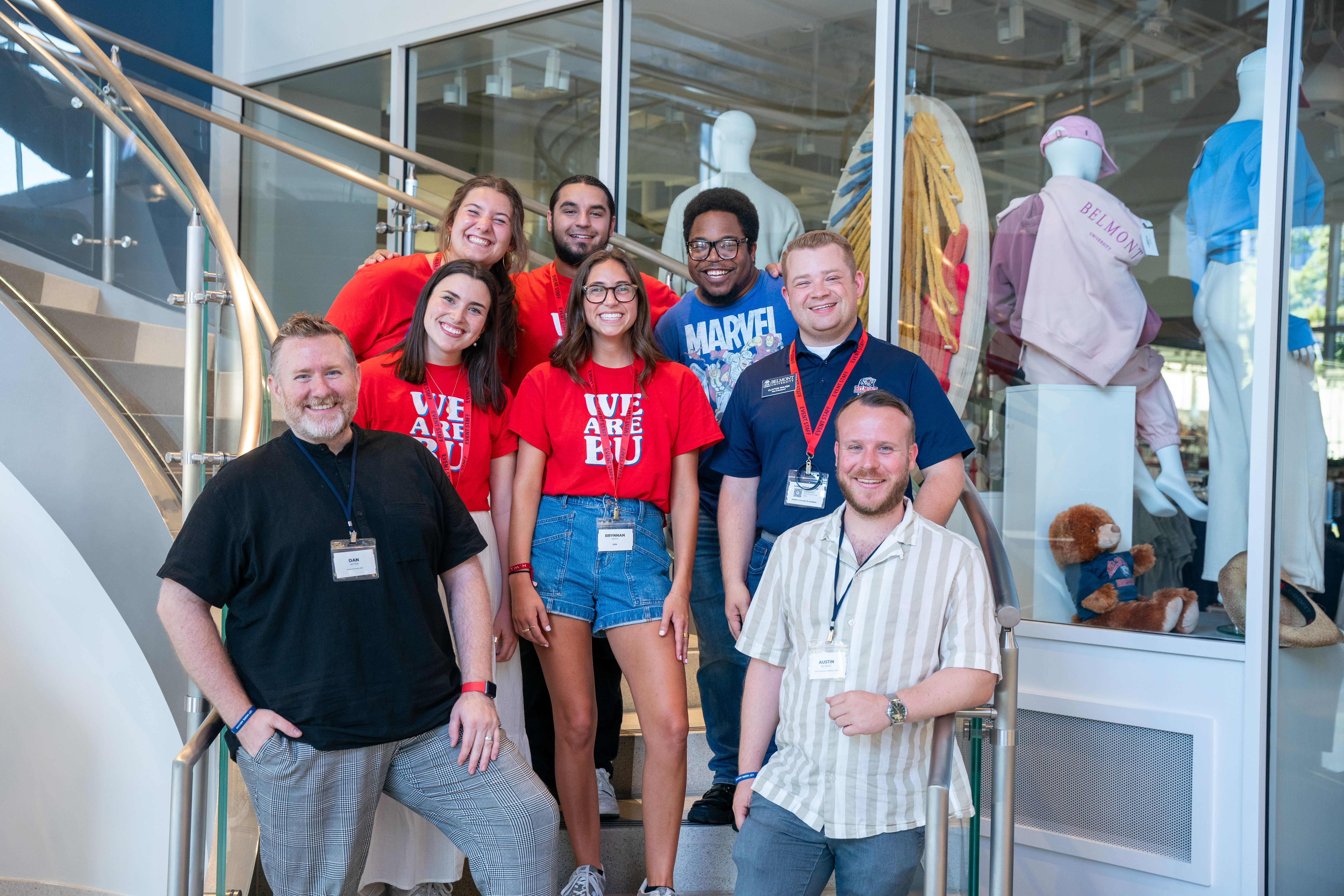 Photo of alumni and current orientation students on stairwell