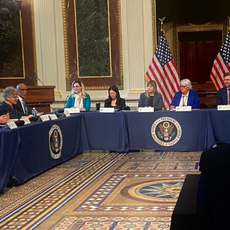 Hubner speaking while sitting at a table with a White House table cloth