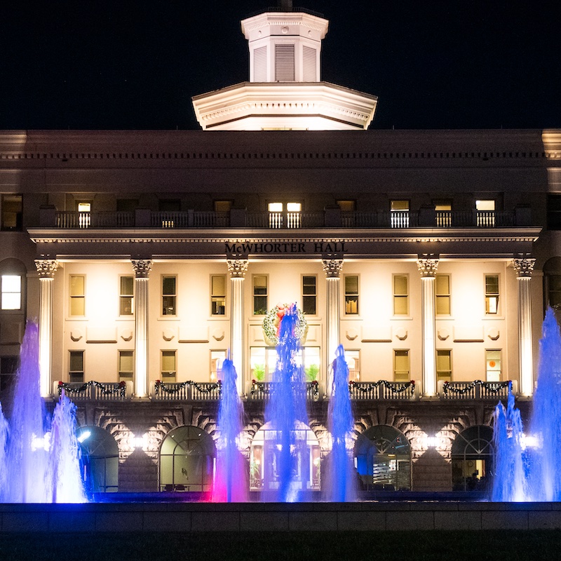 Freedom fountain lit at night