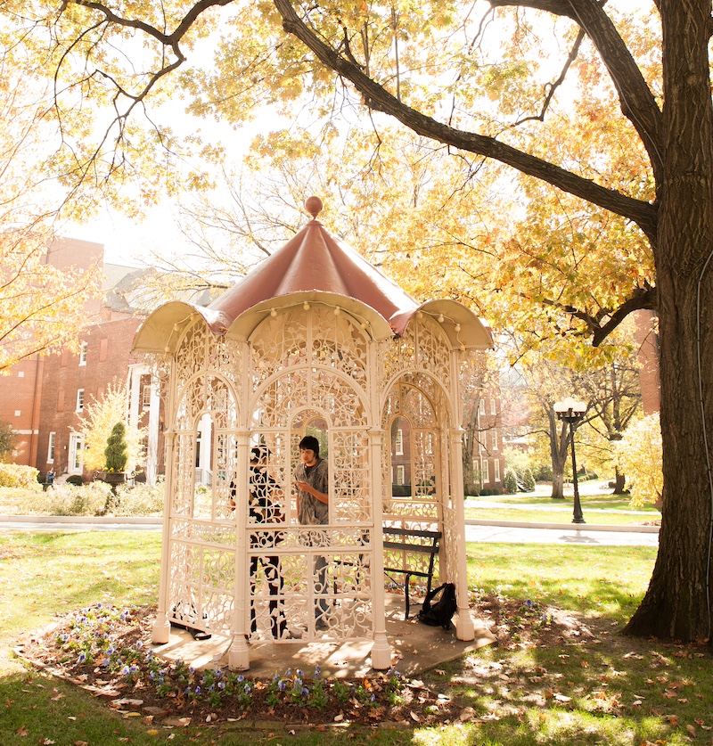 Students in a gazebo on Belmont's historic lawn