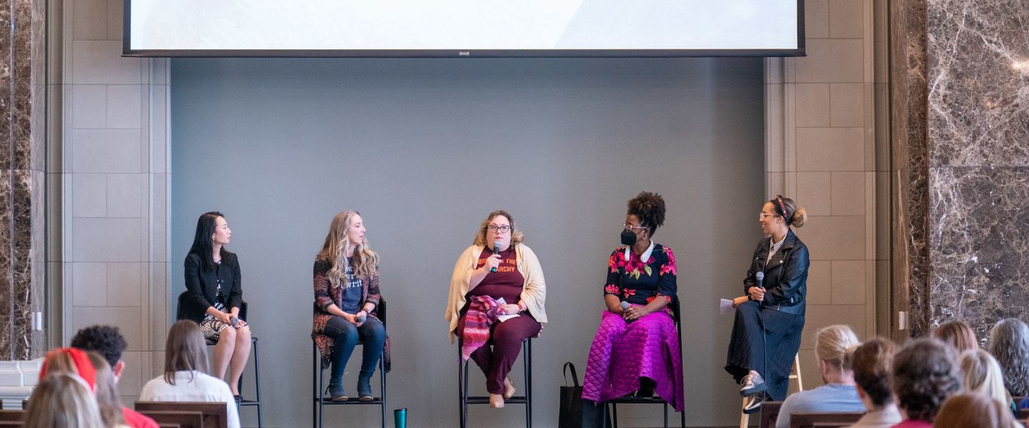 Three women presenting a panel during Belmont's 2024 Women's History Month