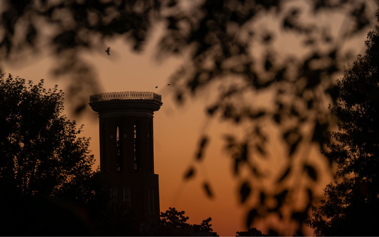 Belmont Bell Tower during a sunset