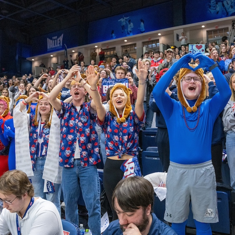 students section students in Belmont gear cheering