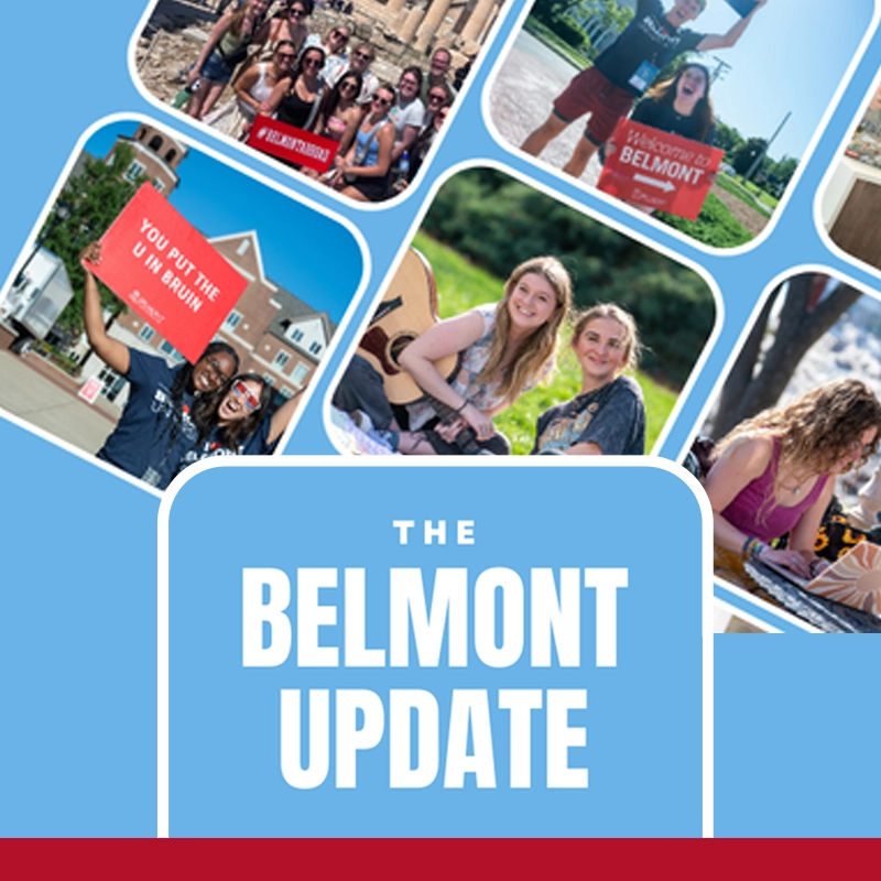 Text that reads The Belmont Update with square images of students in the background