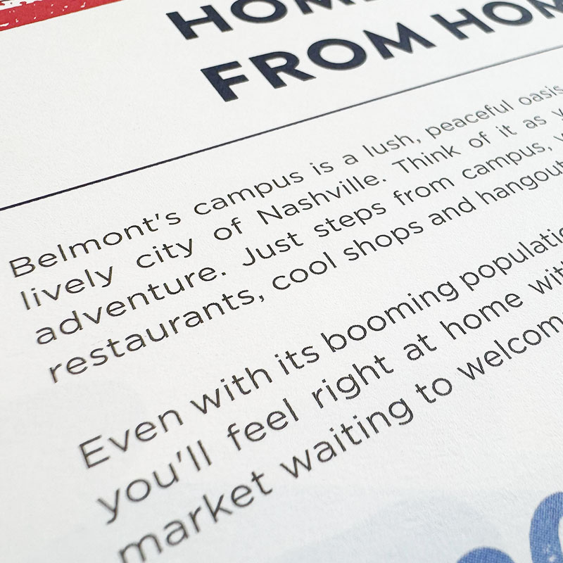 Close-up view of text on a printed page, showcasing the typography used in a Belmont University promotional material.